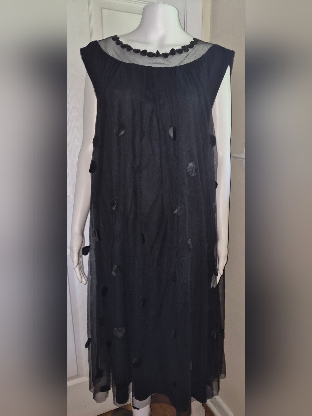 Ashley Stewart Black Tulle Mesh 3D Polka Dot Applique Trapeze Midi Dress